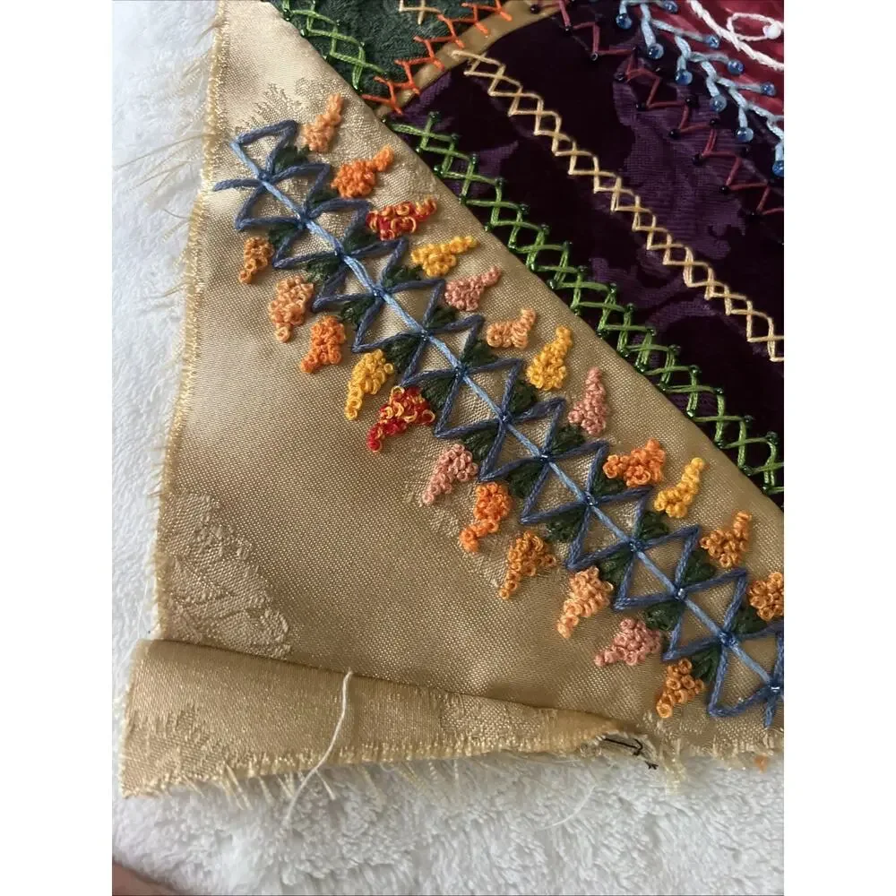 Antique Victorian Style Crazy Quilt Block 16” Silk Velvet Hand Embroidery Beaded